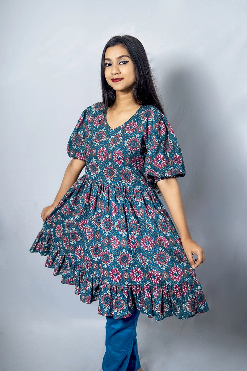 Floral V Neck Indian Joypuri Cotton Midi Dress